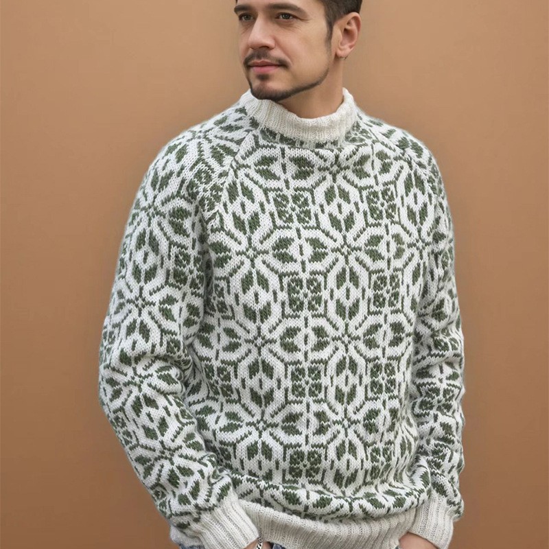 Retro Floral Jacquard Crewneck Pullover Sweater