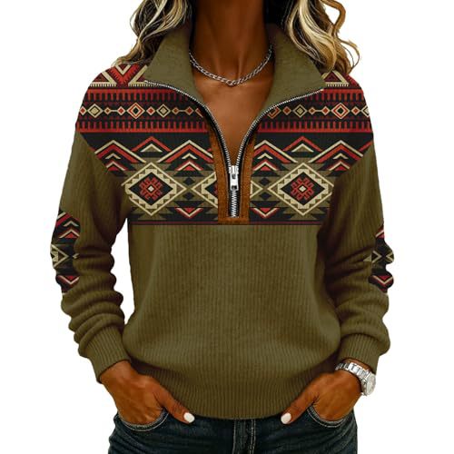 Retro Tribal Print Half-Zip Hoodie for Women