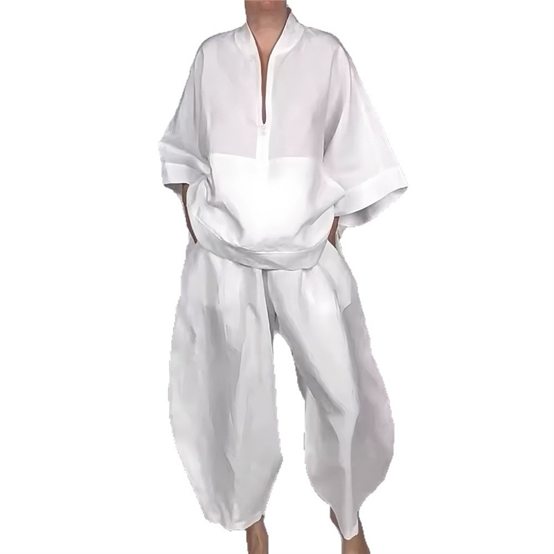 Relaxed Solid Half-Zip Top and Bloomer Pants Set