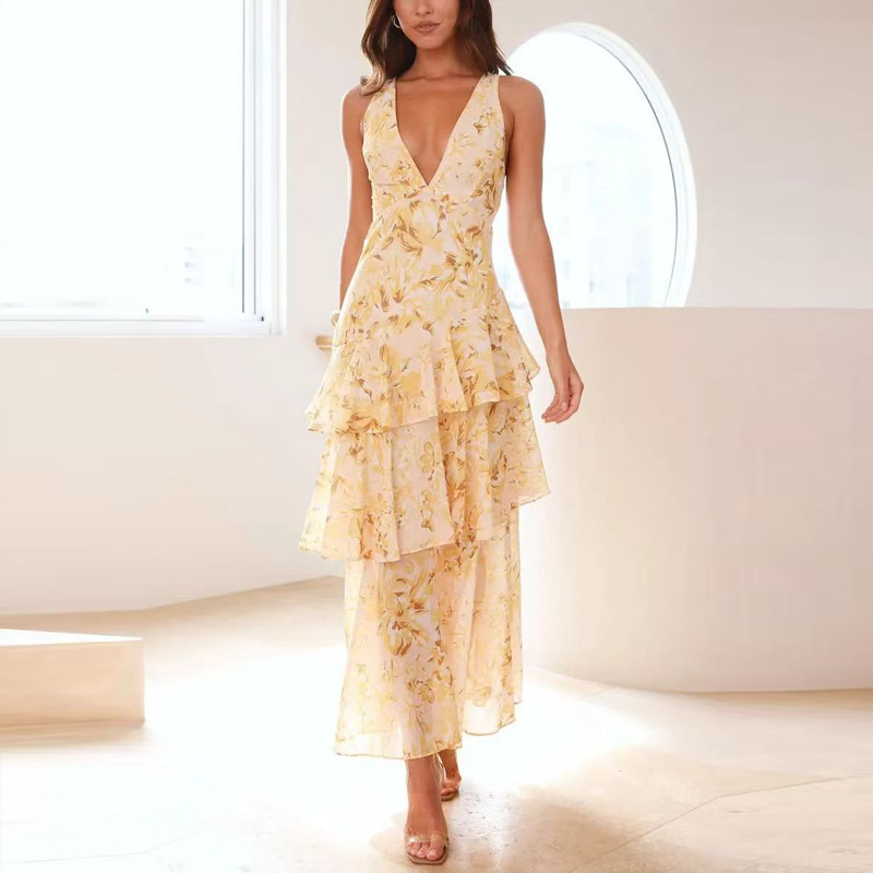 Elegant Floral Print V-Neck Sleeveless Open-Back Midi Dress