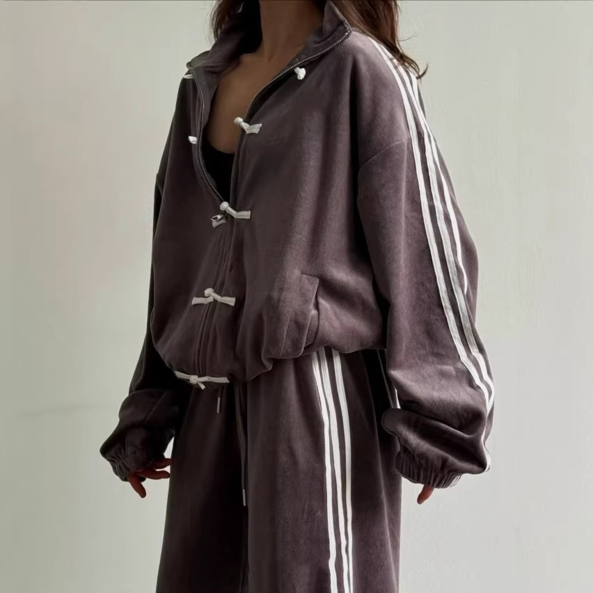Retro Stand Collar Jacket & Wide-Leg Pants Set with Frog Buttons and 3-Stripe Detail