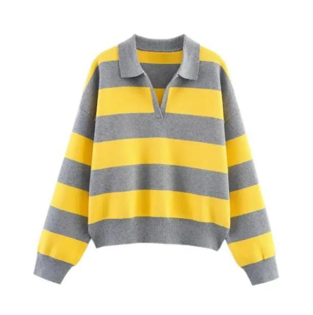 Women's Casual Loose Striped Polo Shirt Long Sleeve