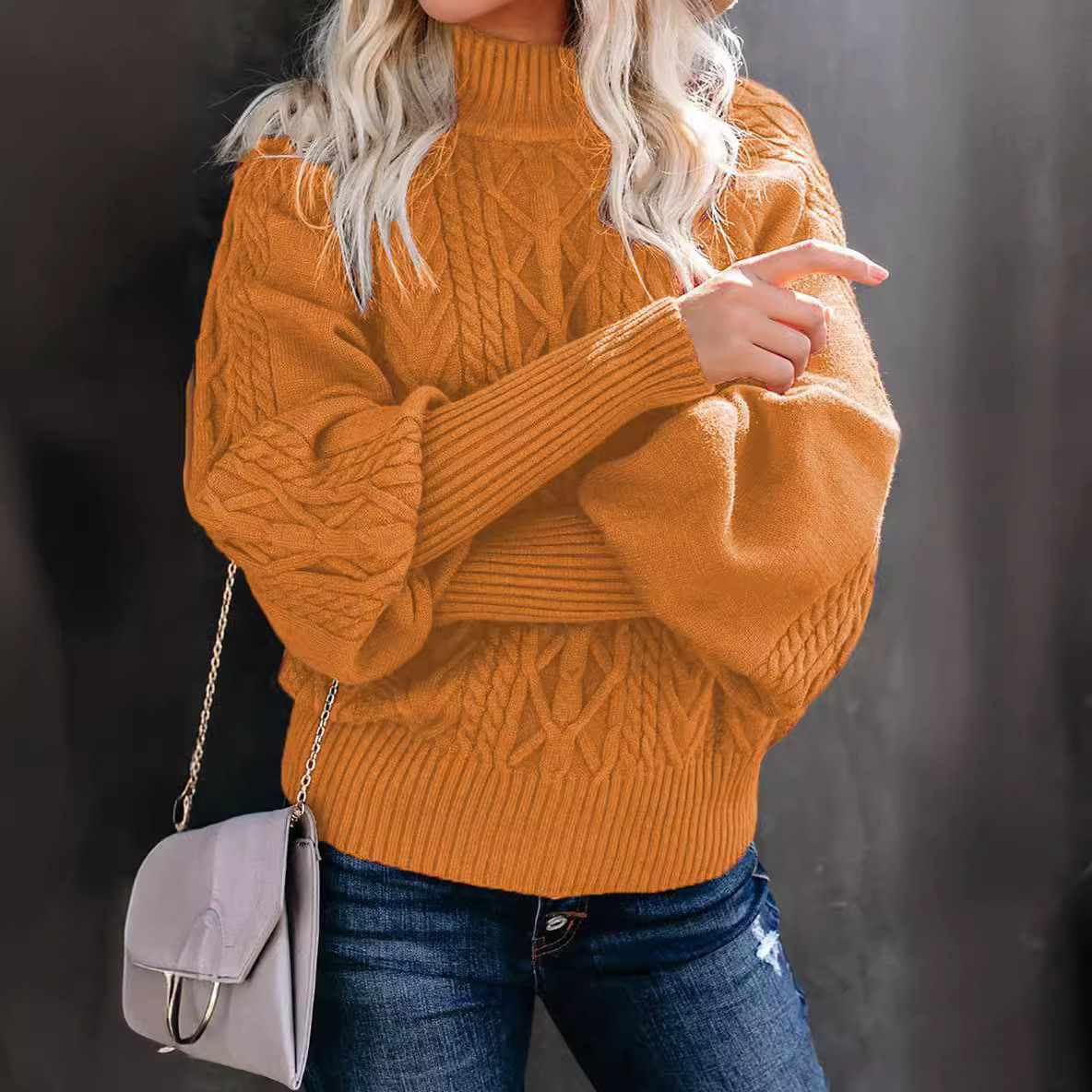 Women's Mock Neck Sweater Loose Fit Long Sleeve Knit Solid Color Pullover