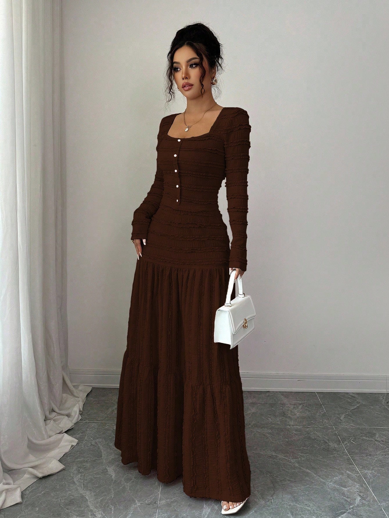 Women's Solid Lace Square Neck Button-Front Long Sleeve Long Dress