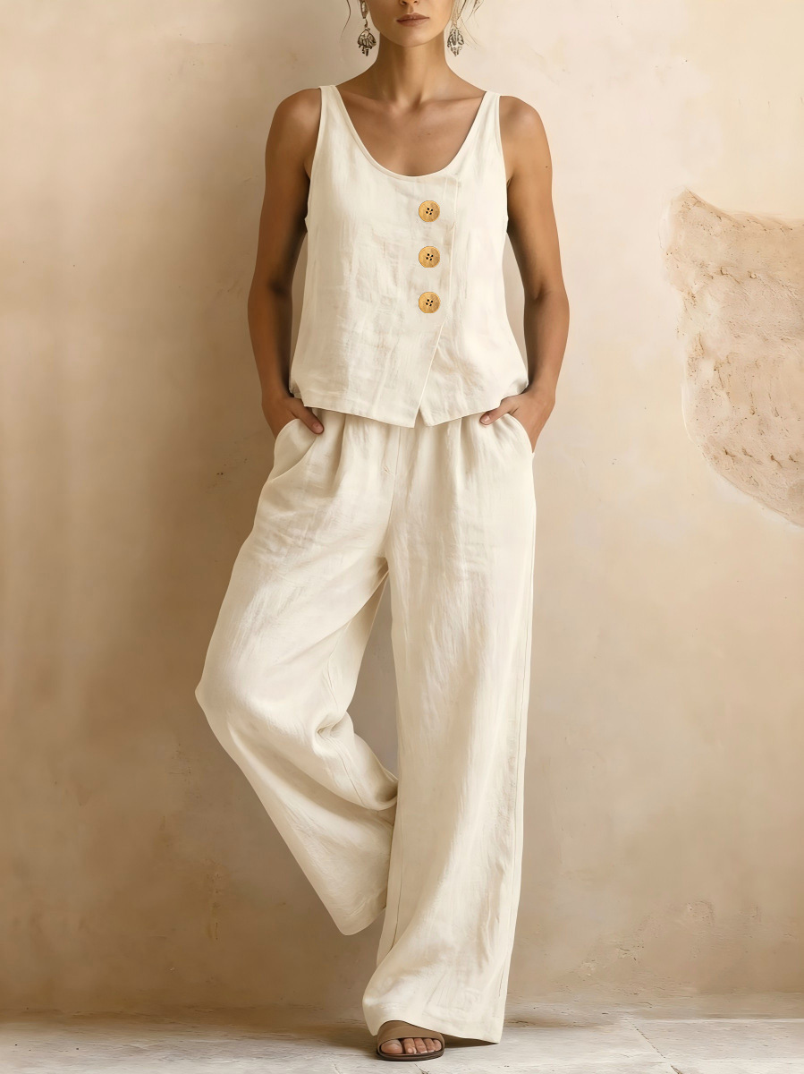 Women's Sleeveless Vest & Wide-Leg Pants Cotton-Linen Two-Piece Set