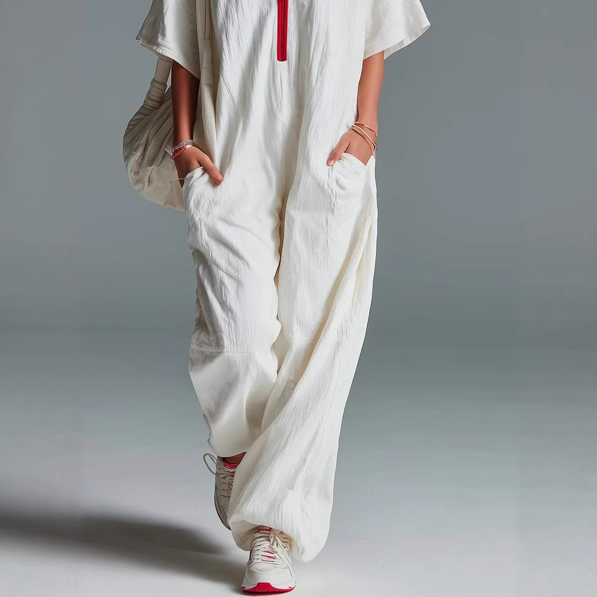 Casual Lapel Zip Red Trim Short Sleeve Beige Washed Cotton Jumpsuit