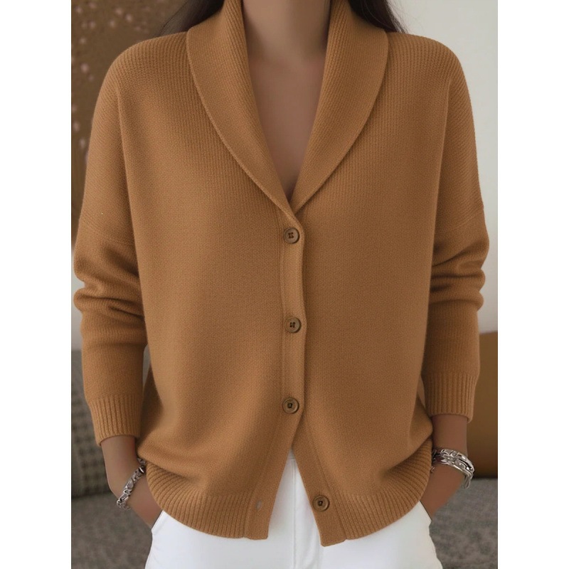 Women's Soft Knit Cardigan Loose Lazy Style Collared Button-Down Long Sleeve Solid Color
