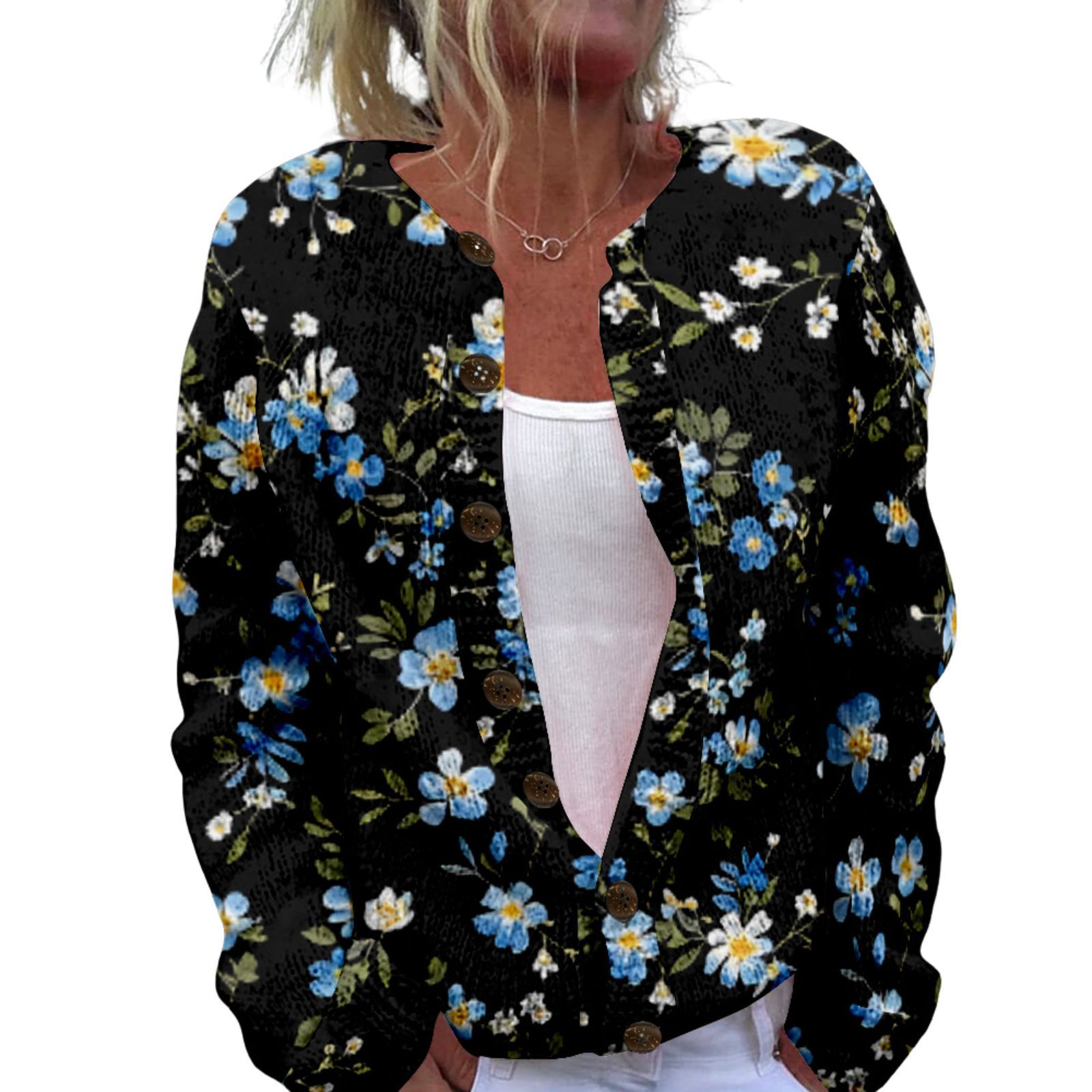 Women's Heart Print Button Cardigan Sweater