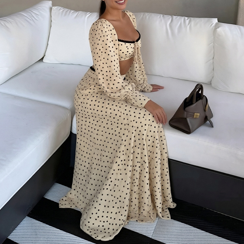 Women's Polka Dot Two-Piece Crop Top and Long Skirt Set