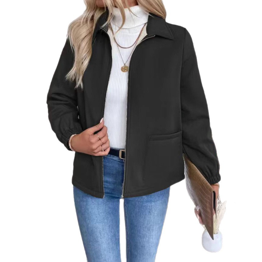 Women's Elegant Zip-Up Collared Pocket Short Jacket Bomber