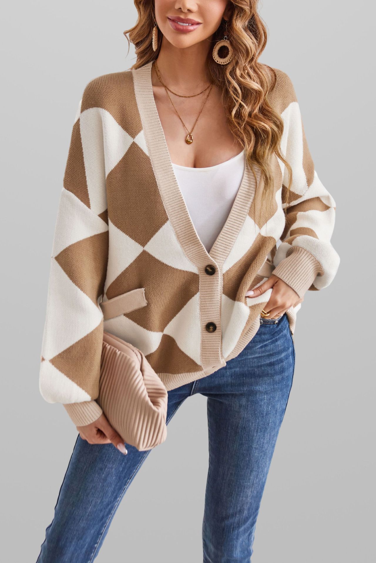 V-Neck Argyle Color-Block Loose Knit Cardigan