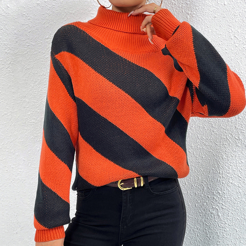 Women's Turtleneck Pullover Sweater Color-Block Diagonal Striped Knit Top