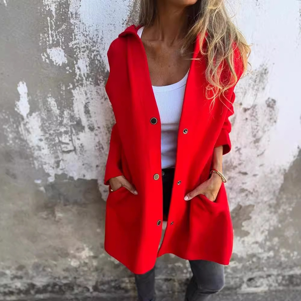Women's Solid Color Hooded Single-Breasted Casual Jacket