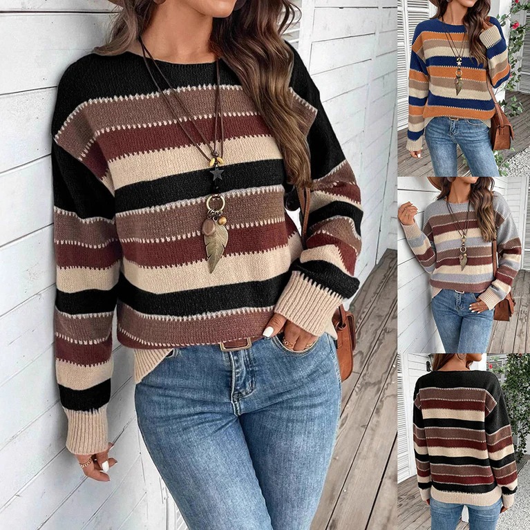 Women's Striped Crewneck Knit Pullover Sweater