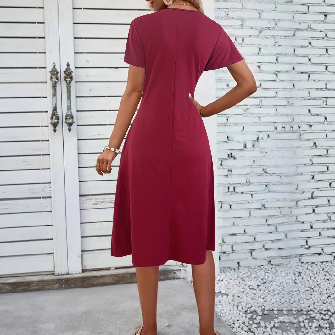 Women's Summer Short Sleeve Midi Dress Cross Pleated V-Neck A-Line