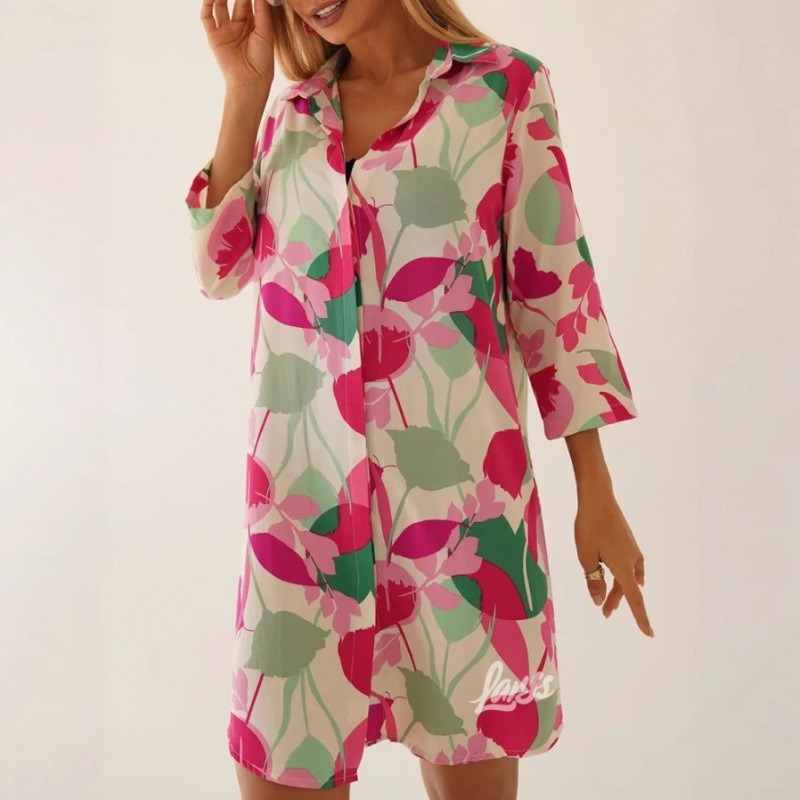 Floral Print Collared Single-Breasted Shirt Dress