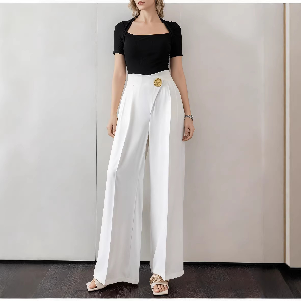 White Wide-Leg Suit Pants for Women High-Waist Slimming Casual Work Trousers