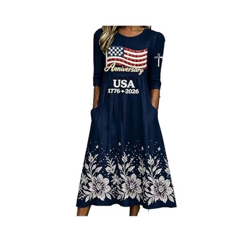 Women's American Flag Print Ruched Floral Dress with Pockets
