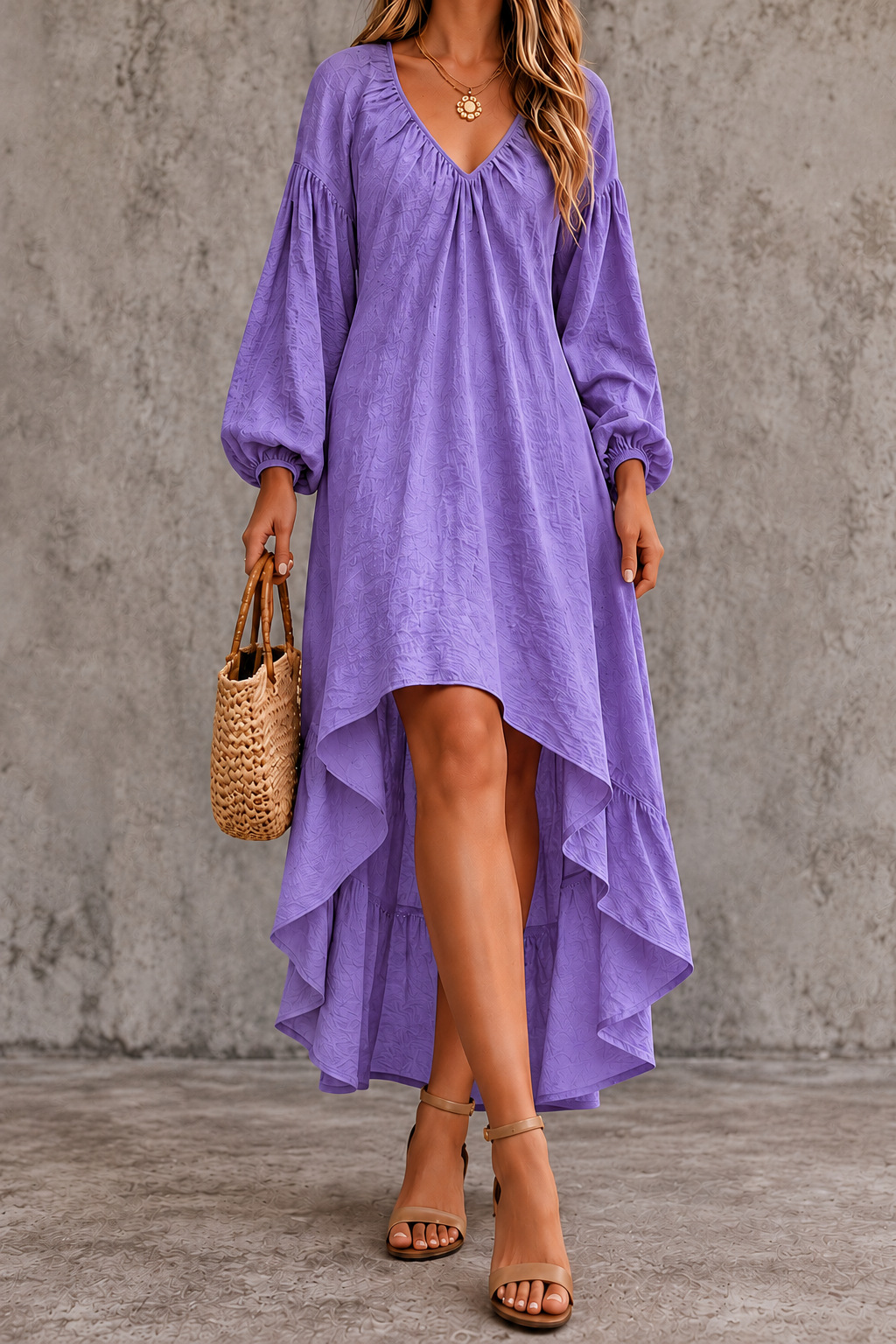 V-Neck Long Sleeve Ruffle A-Line Asymmetrical Hem Maxi Dress
