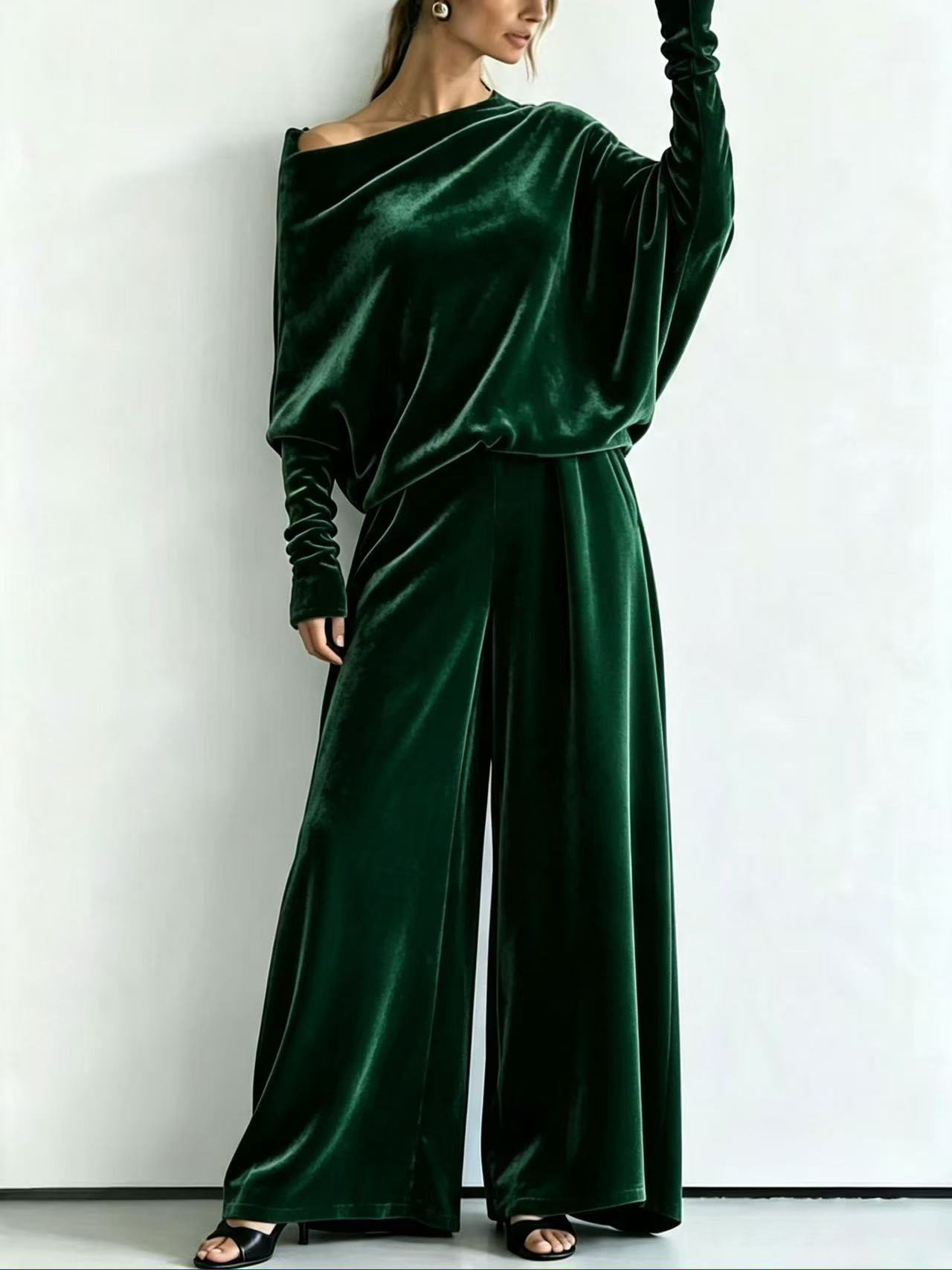 Velvet One-Shoulder Batwing Sleeve Top & High-Waist Wide-Leg Pants Set