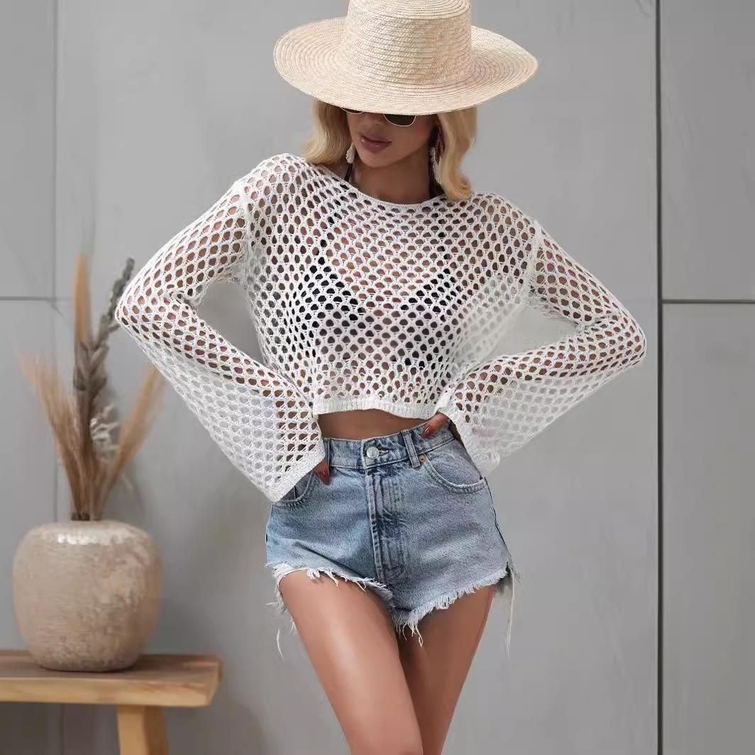 Women's Hollow-Out Knit Sweater with Bell Sleeves and Round Neck