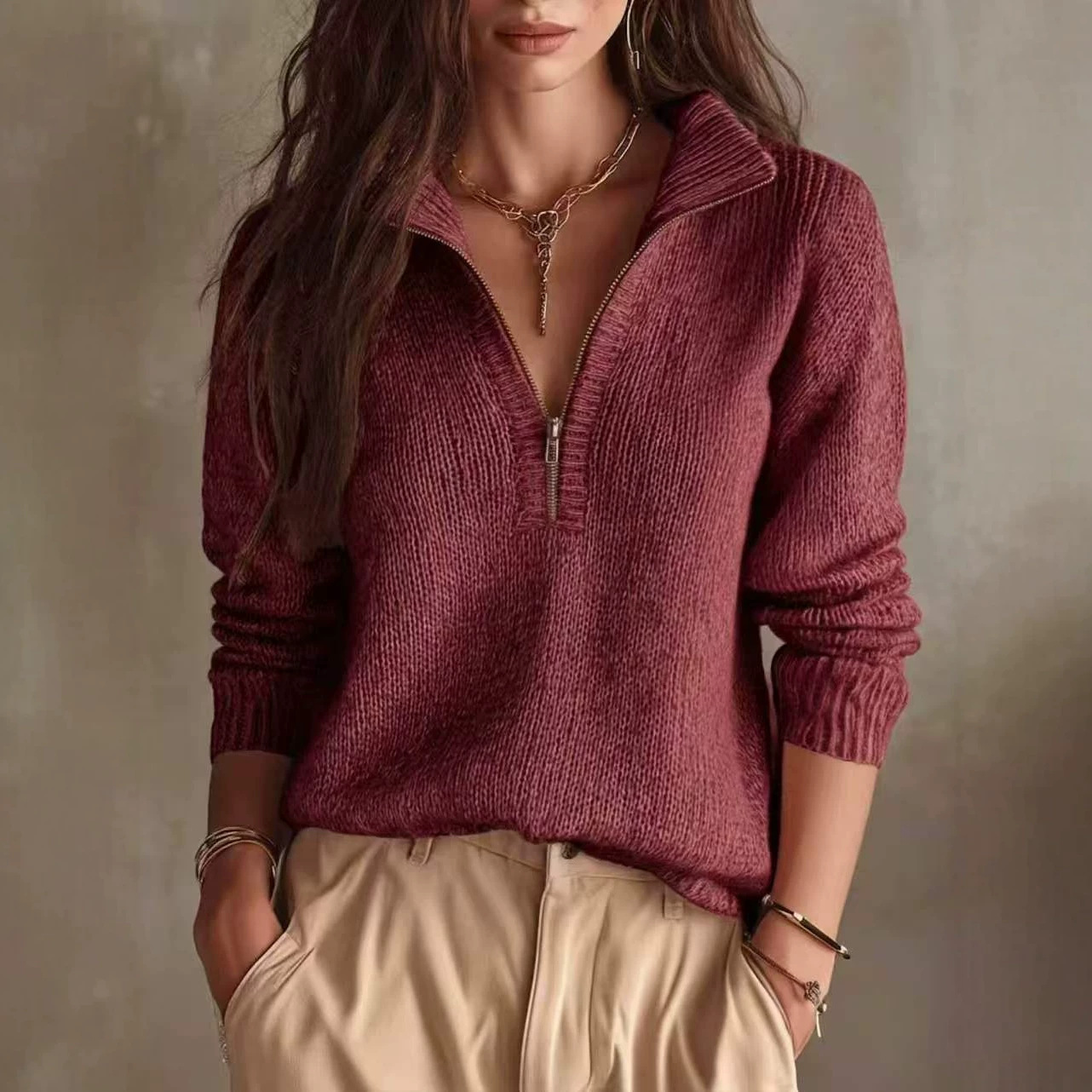 Slim-Fit Half-Zip Knit Sweater Solid Color Long Sleeve