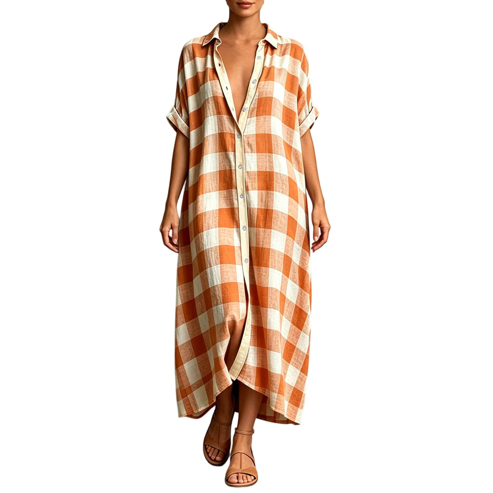 Women's Loose Plaid Shirt Dress Collared Button-Front Short Sleeve Long Vacation Dress