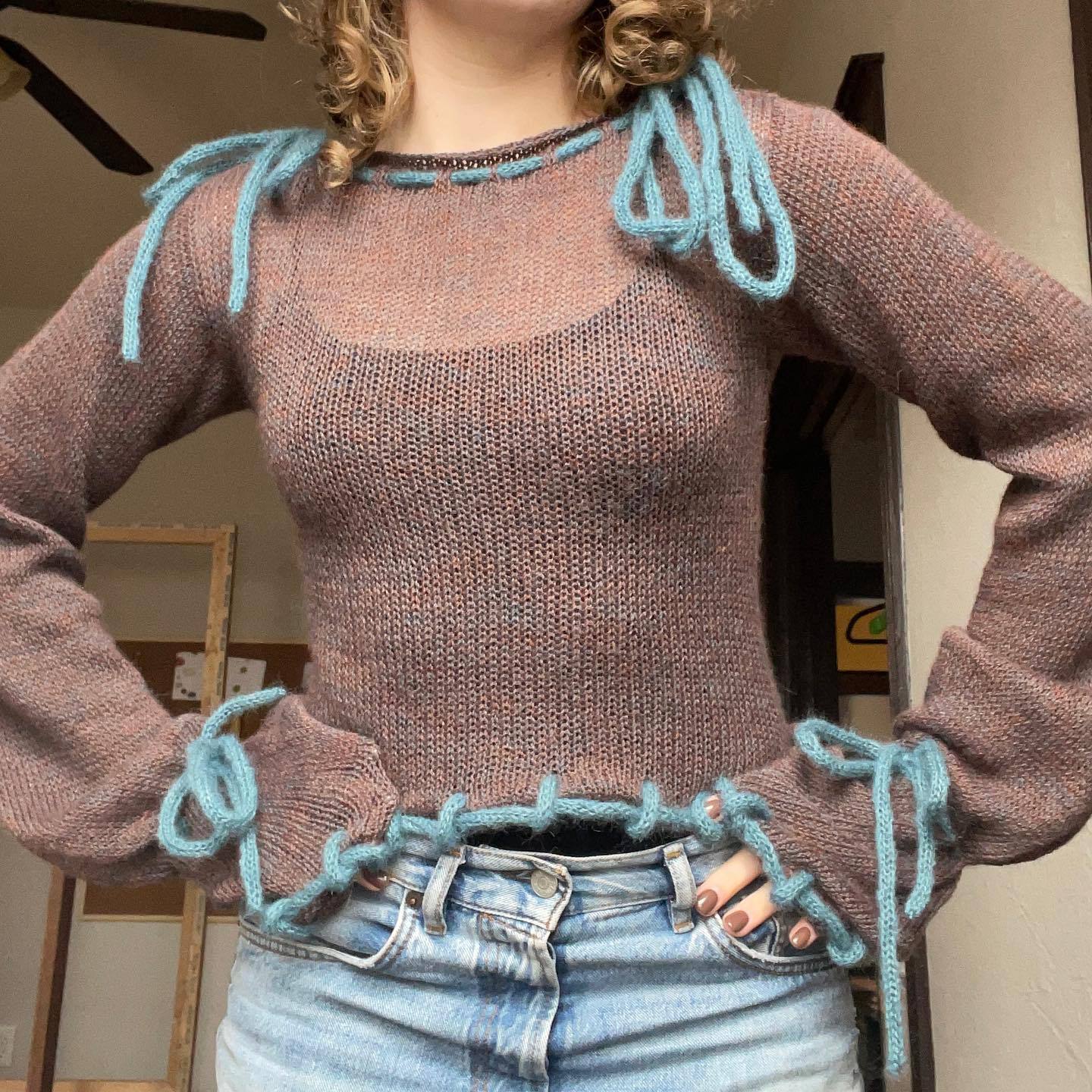 Tie-Front Sweater with Flared Sleeves Slim Fit Knit Top