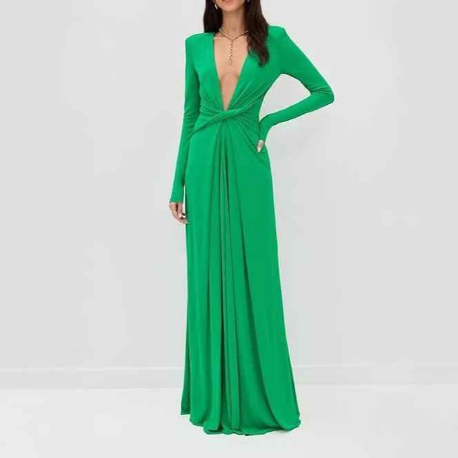 V-Neck Slim Fit Bodycon Midi Dress Long Sleeve Twist Front Elegant Party Dress