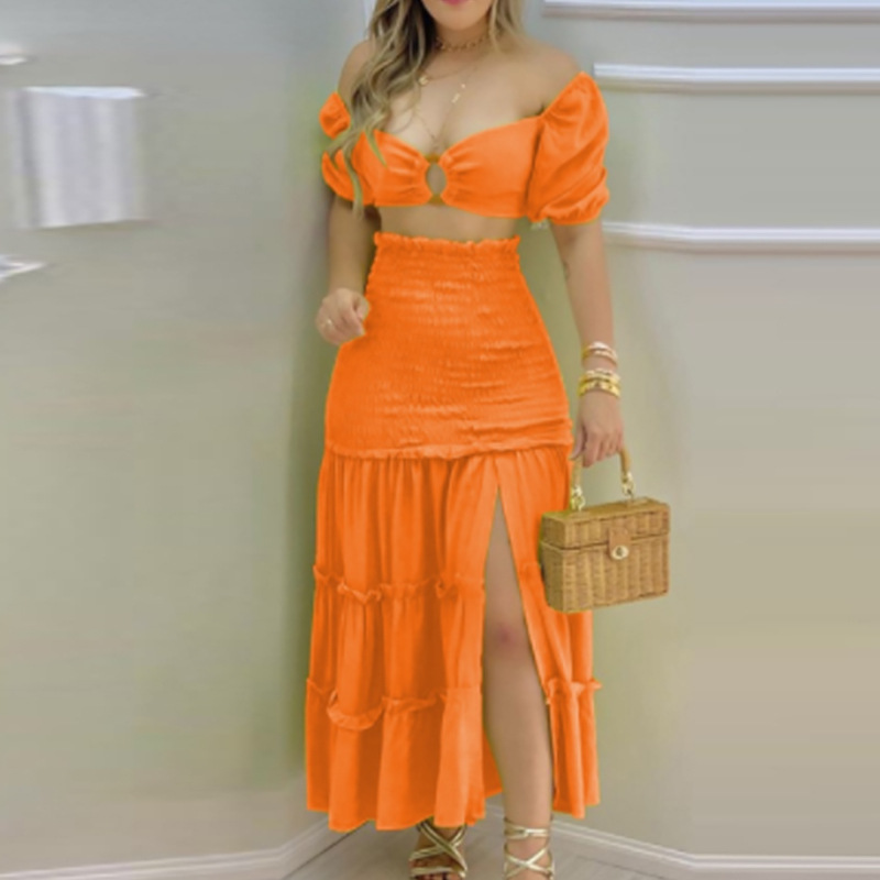 Women's Floral Print Tube Top and High-Waist Slit Skirt Set