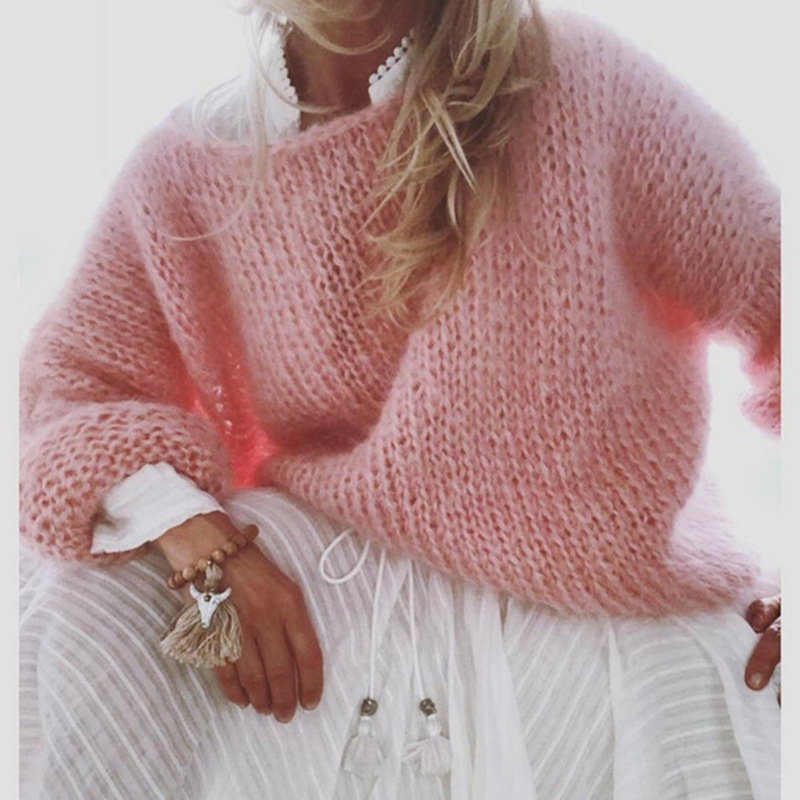 Faux Mohair Pullover Sweater Women's Crewneck Long Sleeve Solid Color Knit Top