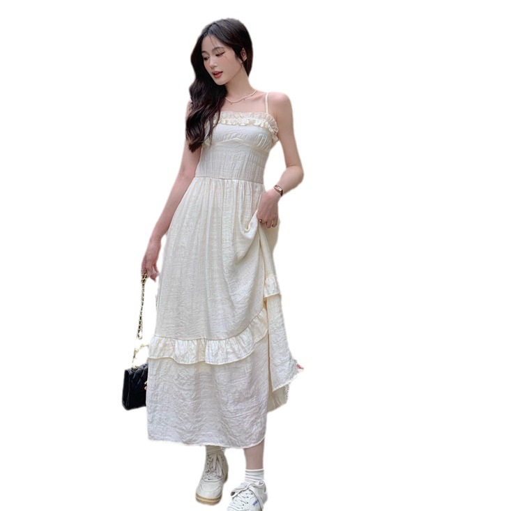 Sweet French Style High-Waist Ruffle Cami Midi Dress