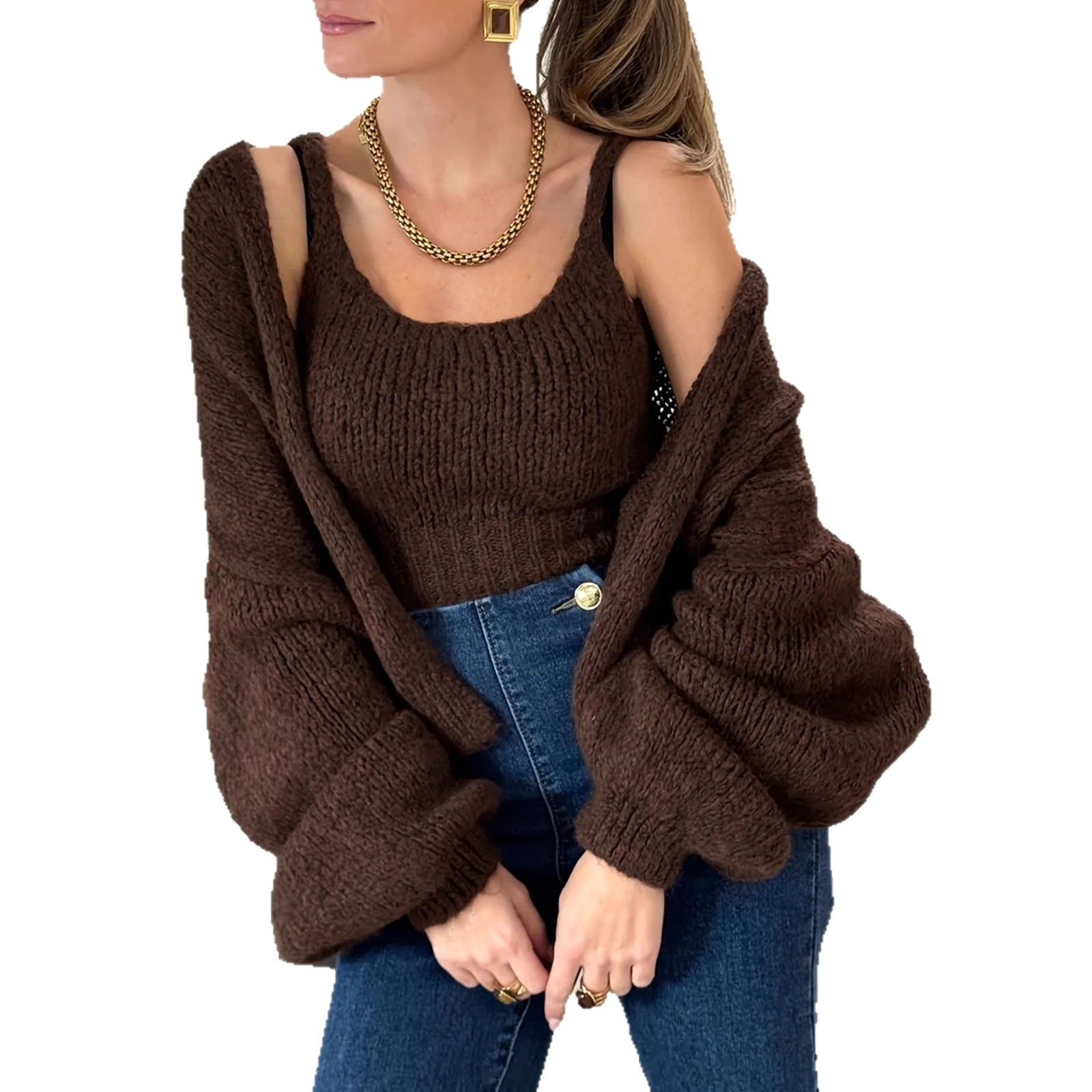 Women's Knit Cardigan Sweater Set Korean Loose Fit Thick Two-Piece