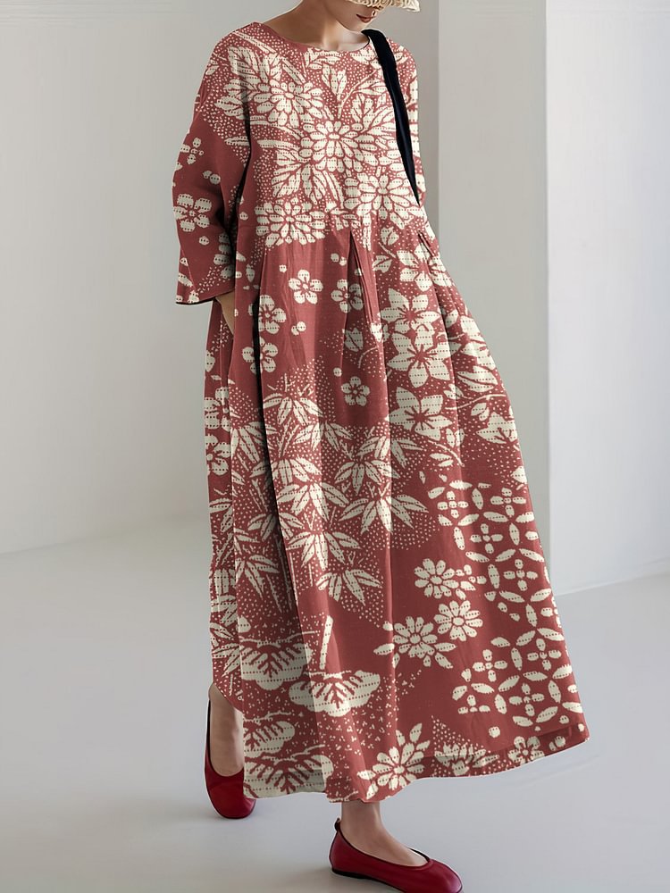 Women's Floral Print Casual A-Line Dress with U-Neck and Short Sleeves