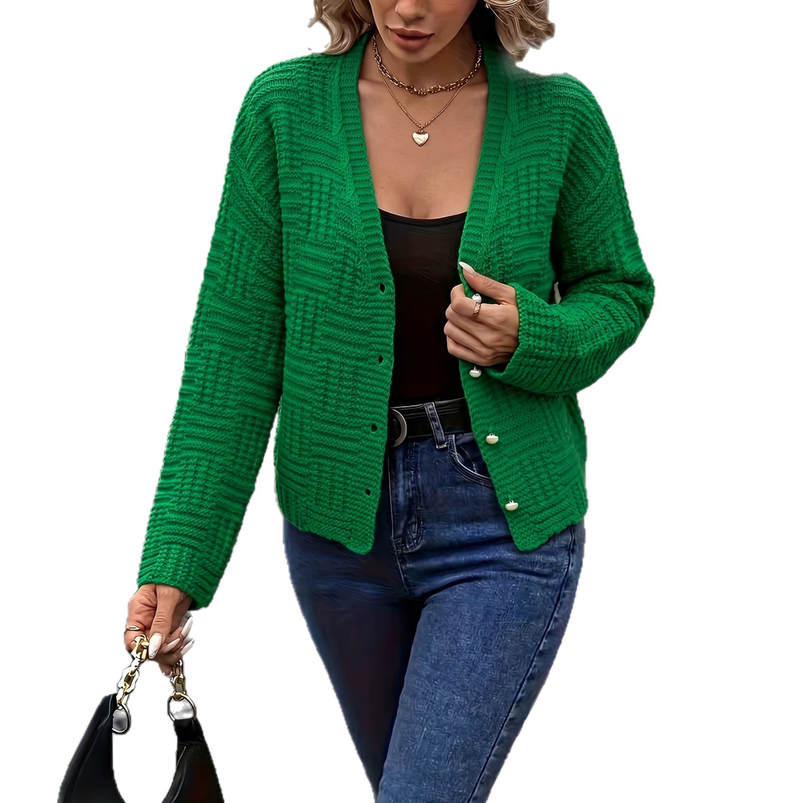 Solid Long-Sleeve Button-Front Knit Cardigan