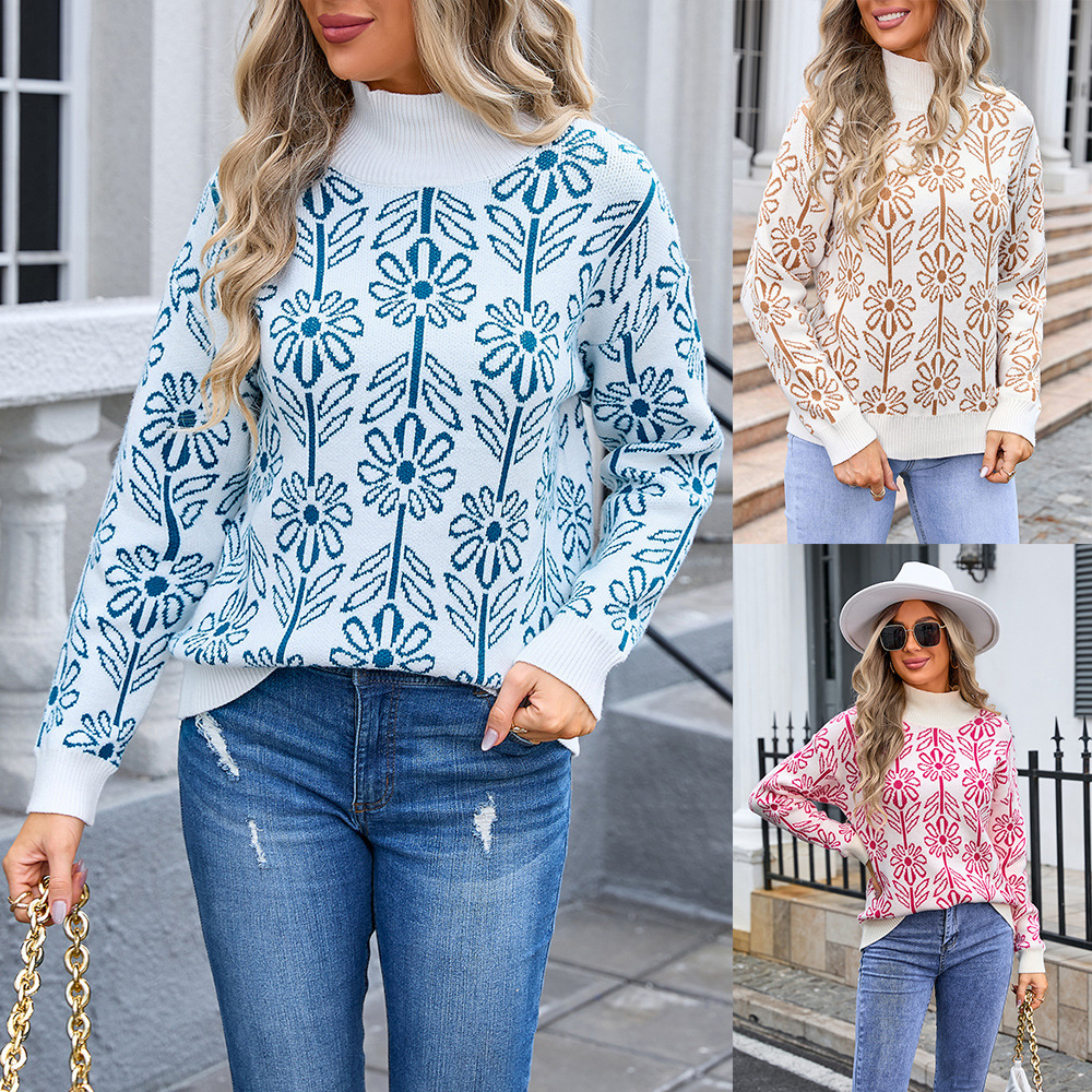 Floral Jacquard Mock Neck Knit Sweater