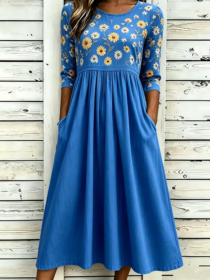 Women's Floral Print Pleated Midi Dress Round Neck Five-Sleeve Slim Fit