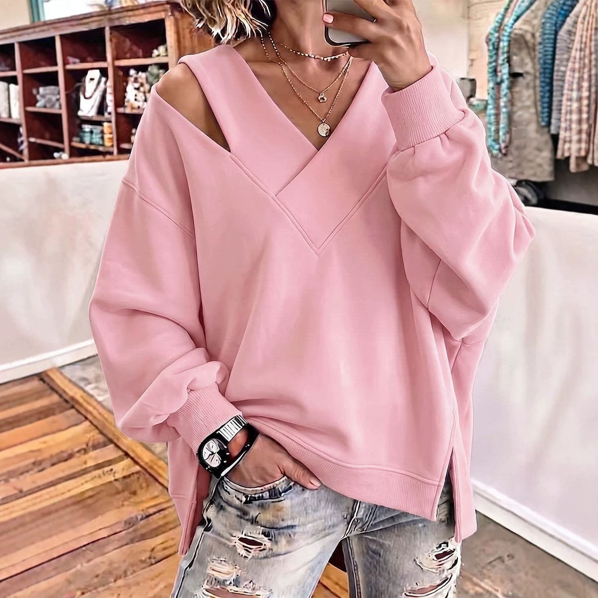 Women's Solid Cross-Neck Long-Sleeve Loose Sweatshirt