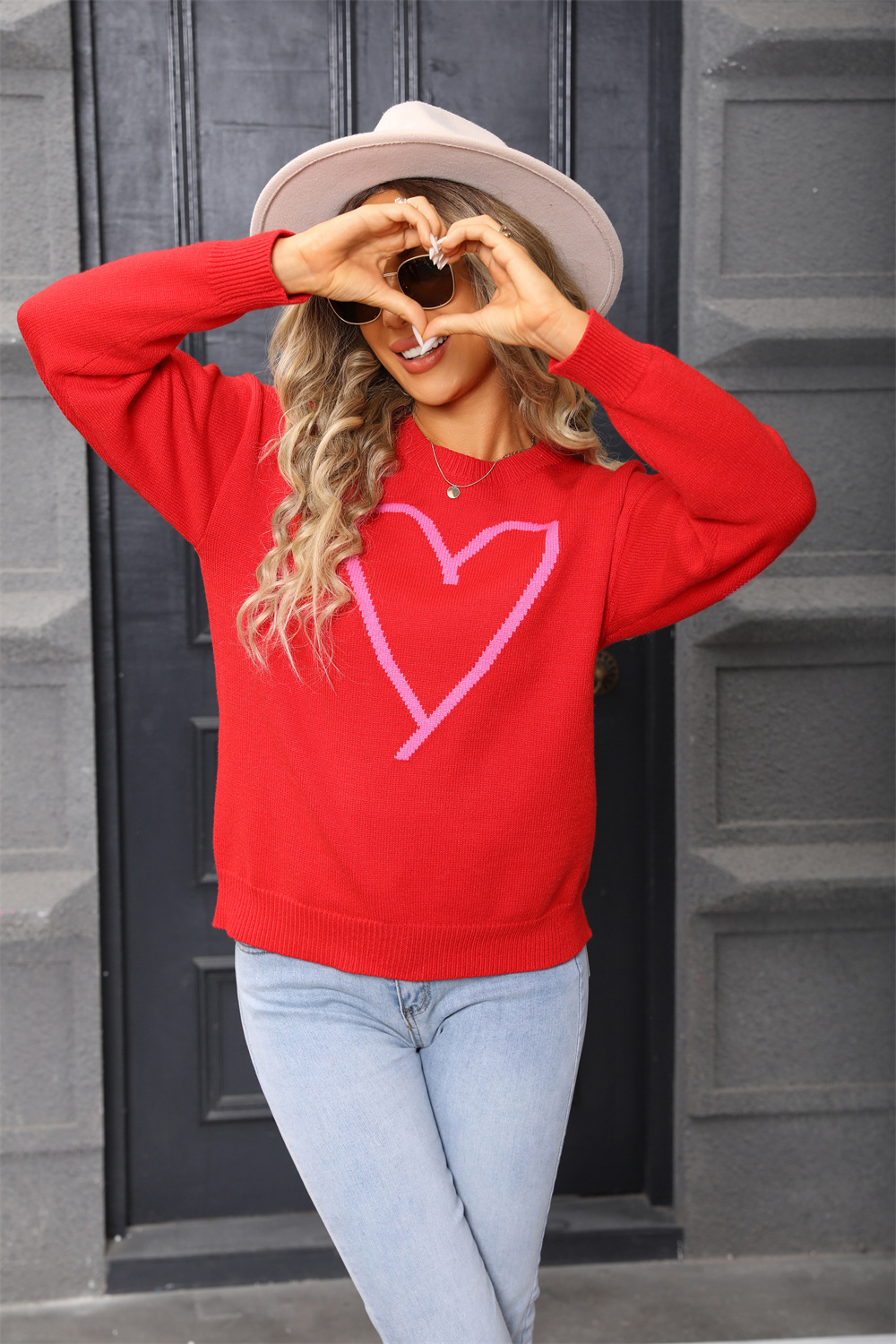 Women's Heart Jacquard Pullover Sweater Crew Neck Long Sleeve