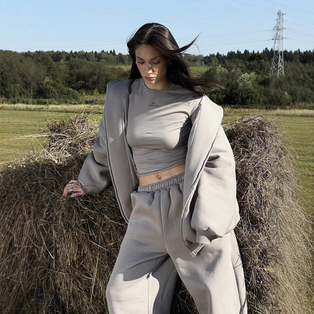 Women's Solid Color Hooded Cardigan Sweatshirt and Elastic Waist Pants Two-Piece Set
