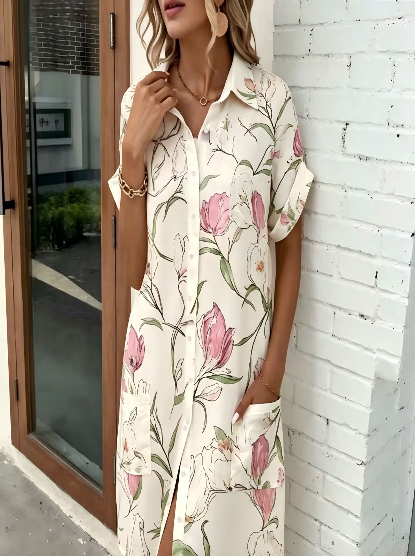 Women's Floral Print Midi Shirt Dress with 3D Digital Print