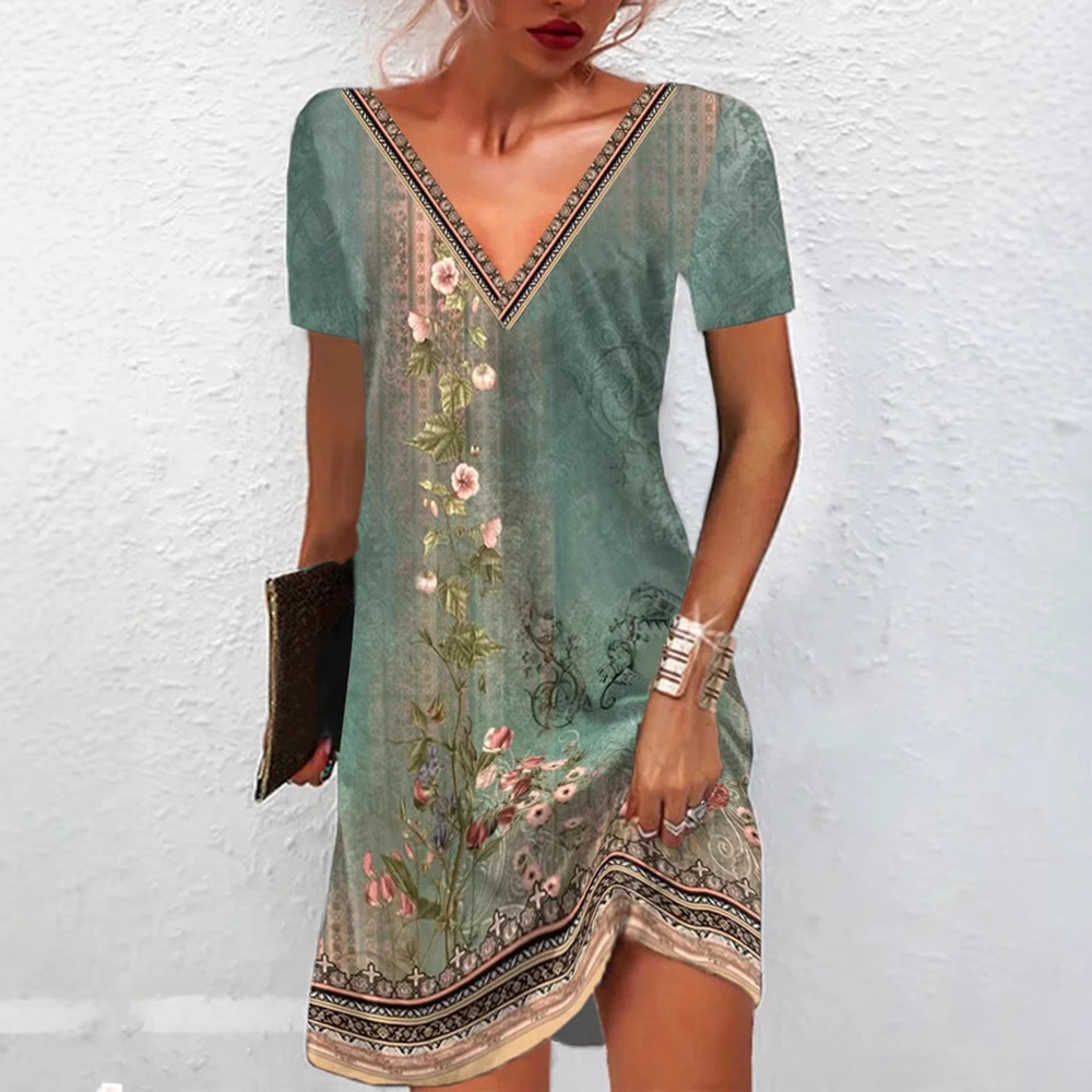 Ethnic Floral Print V-Neck Short Sleeve A-Line Midi Dress