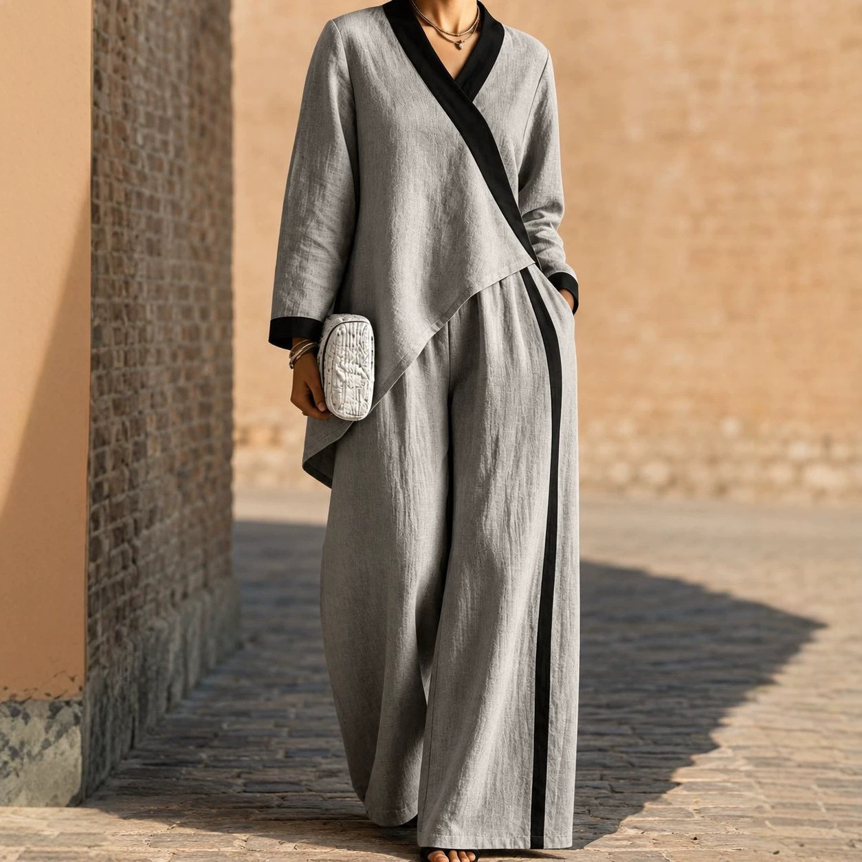 2026 Fall Cross-Border Hot-Selling European and American Women's Color-Block V-Neck Asymmetrical Top Wide-Leg Pants Loose Casual Set