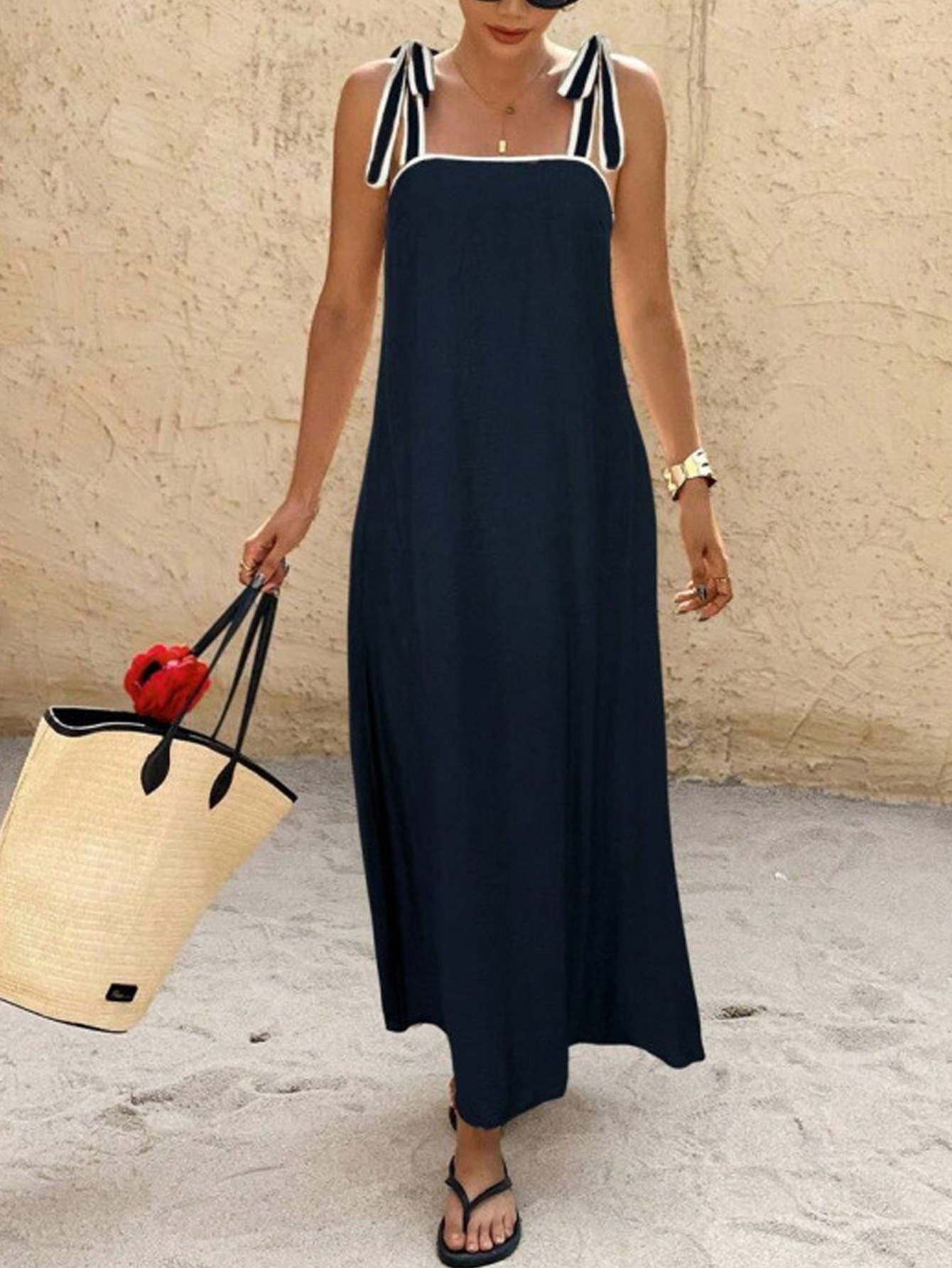 Women's Off-Shoulder Tie-Front A-Line Midi Dress