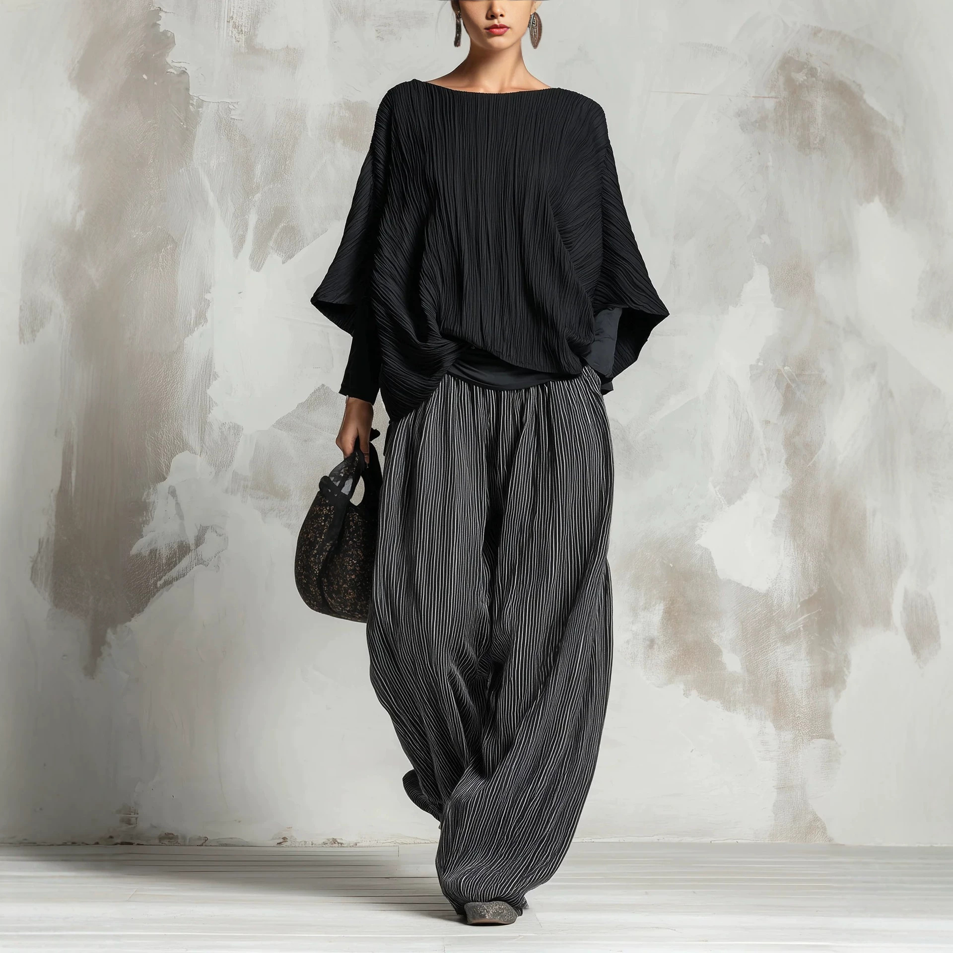 Women's Pleated Batwing Sleeve Top & Wide-Leg Pants Two-Piece Set
