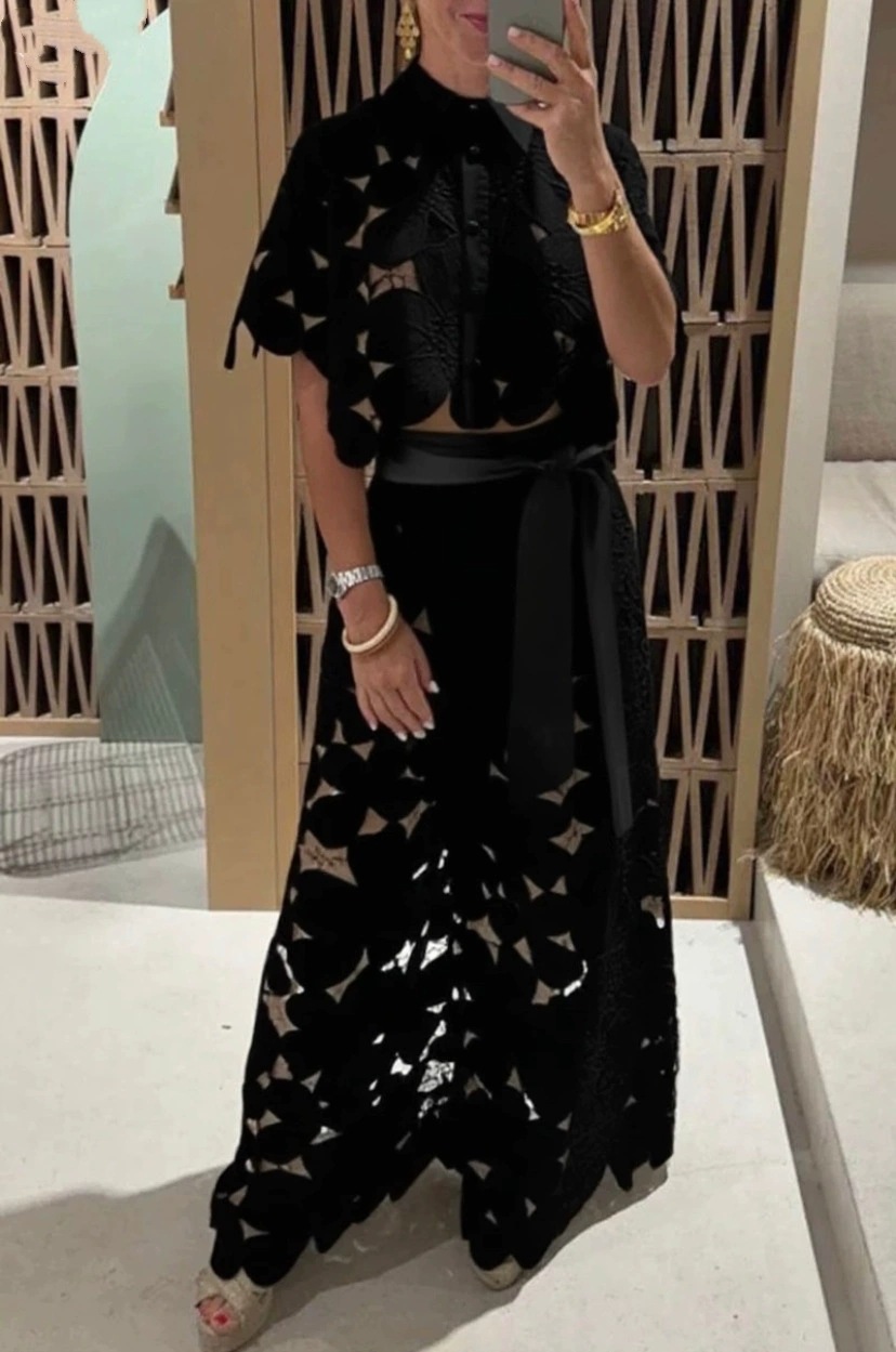 Women's Solid Color Cutout Cardigan and Wide-Leg Pants Two-Piece Set