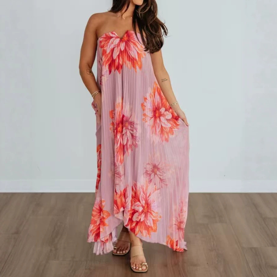Pink Orange-Red Floral Strapless Pleated Maxi Dress