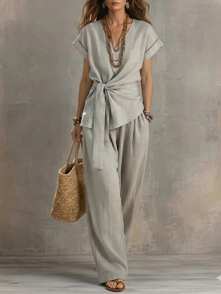 V-Neck Tie-Waist Top and Solid Casual Pants Set