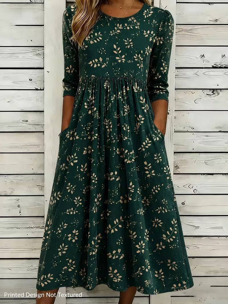 Women's Vintage Floral Print Pleated Midi Dress