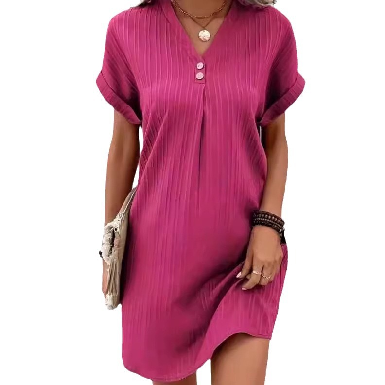 Women's Solid Color V-Neck Button A-Line Midi Dress Short Sleeve Casual